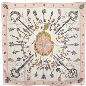 HERMES Carre 90 Scarf "LES CLES" Silk Pink